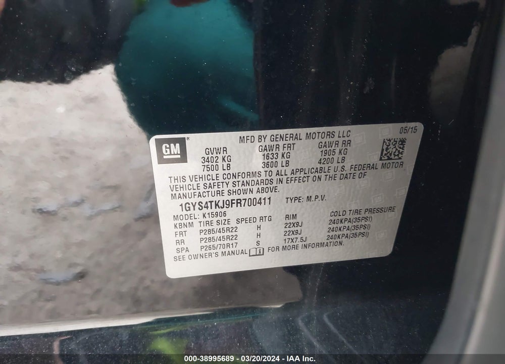 2015 CADILLAC ESCALADE ESV VIN: 1GYS4TKJ9FR700411