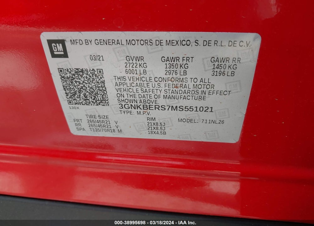 2021 CHEVROLET BLAZER FWD RS VIN: 3GNKBERS7MS551021