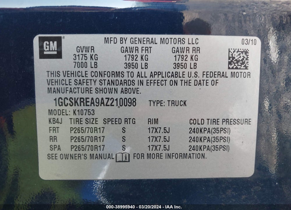 2010 CHEVROLET SILVERADO 1500 LS VIN: 1GCSKREA9AZ210098