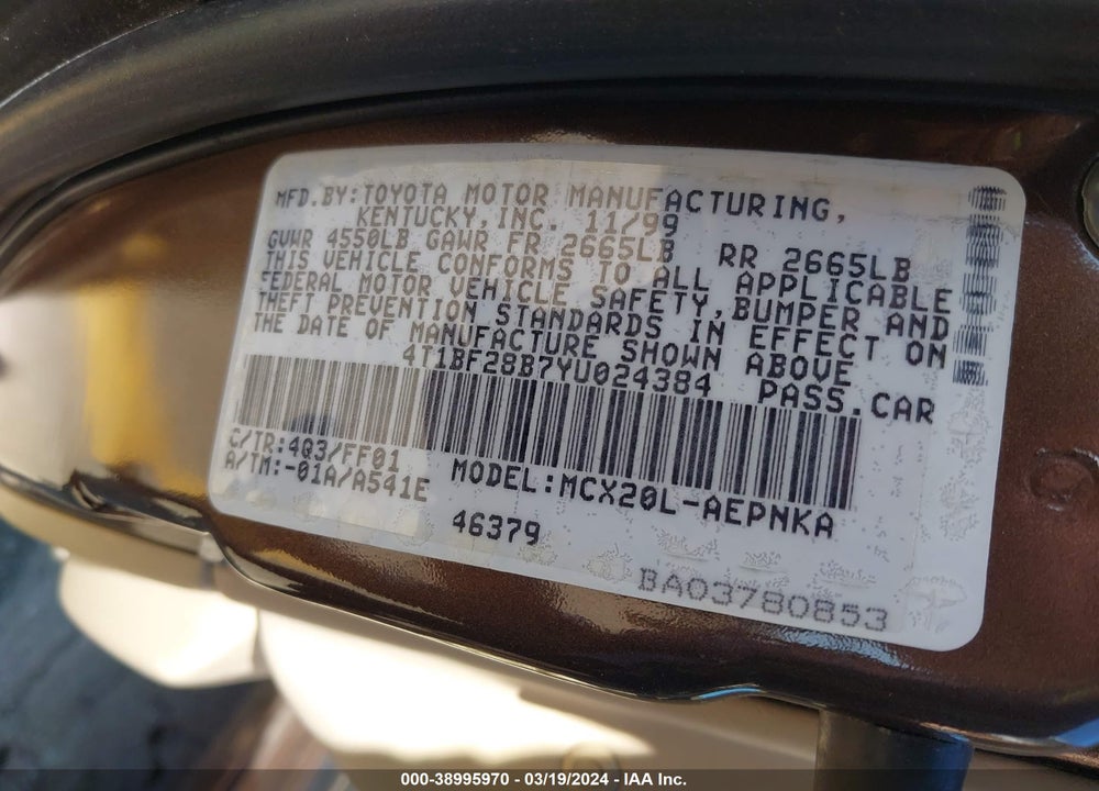 2000 TOYOTA AVALON XL VIN: 4T1BF28B7YU024384