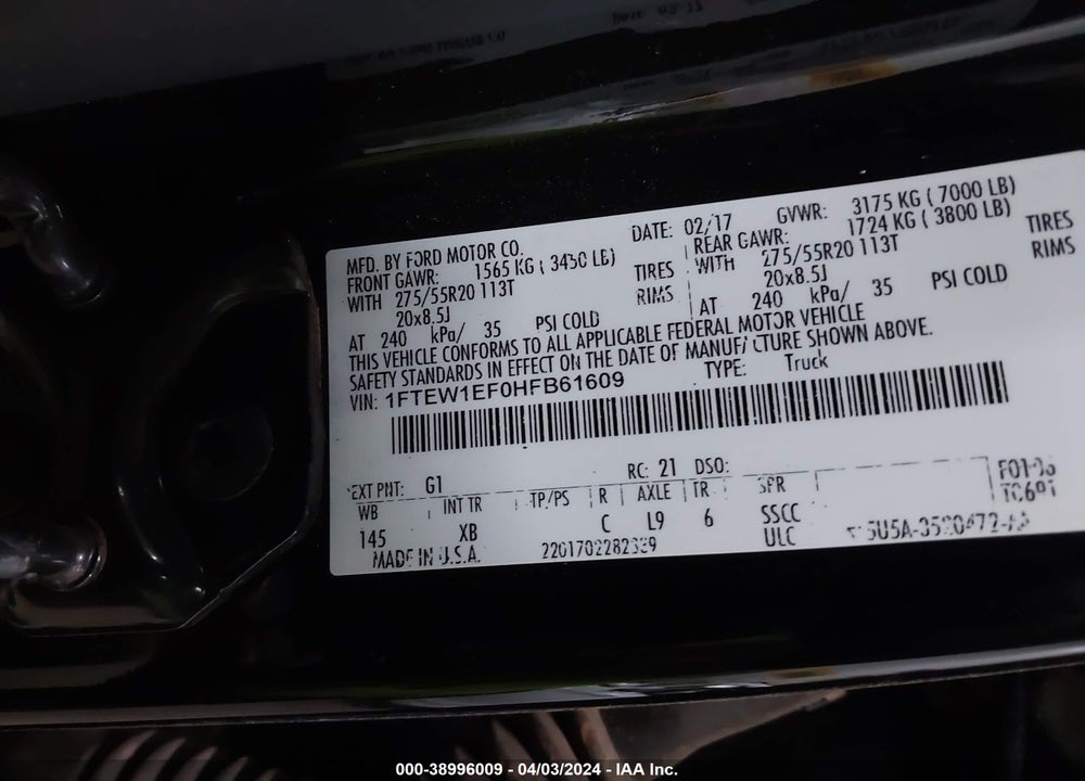 2017 FORD F-150 XLT VIN: 1FTEW1EF0HFB61609