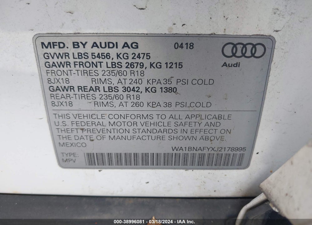 2018 AUDI Q5 2.0T PREMIUM/2.0T TECH PREMIUM VIN: WA1BNAFYXJ2178995