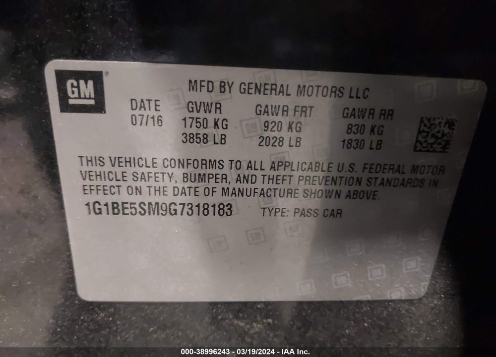 2016 CHEVROLET CRUZE LT AUTO VIN: 1G1BE5SM9G7318183