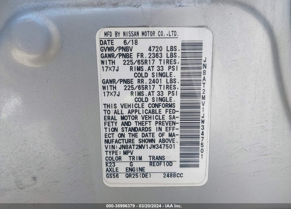 2018 NISSAN ROGUE SV VIN: JN8AT2MV1JW347501