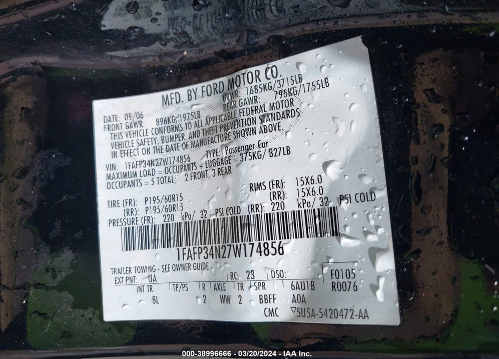 2007 FORD FOCUS S/SE/SES VIN: 1FAFP34N27W174856