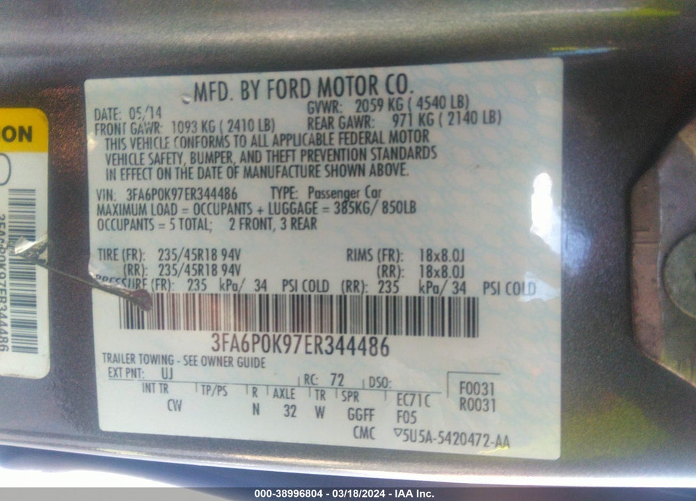 2014 FORD FUSION TITANIUM VIN: 3FA6P0K97ER344486