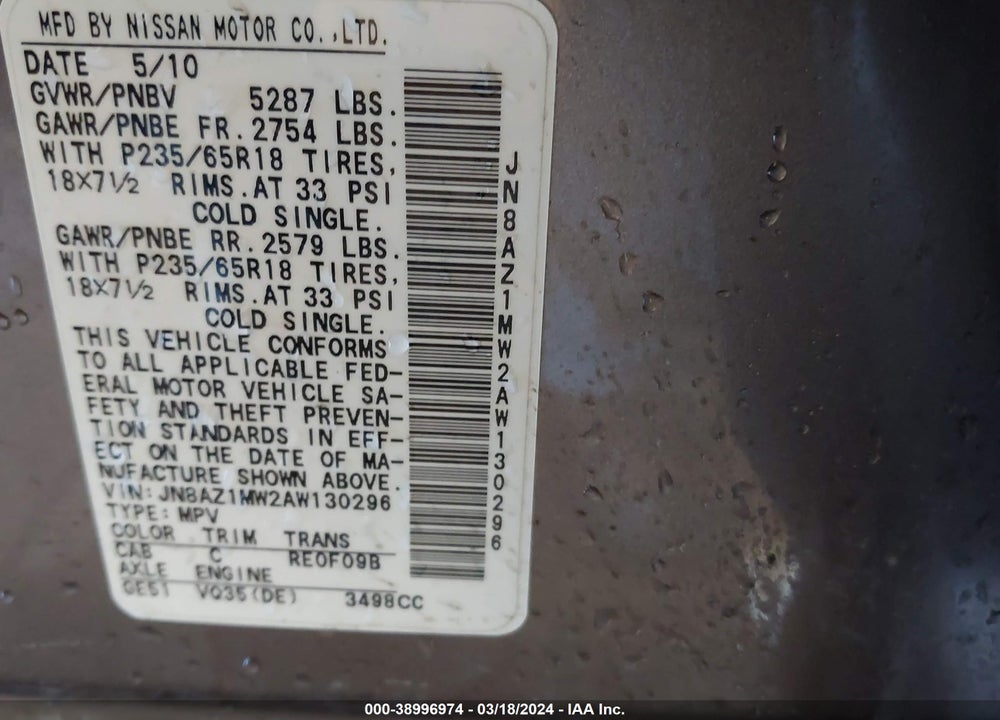 2010 NISSAN MURANO SL VIN: JN8AZ1MW2AW130296
