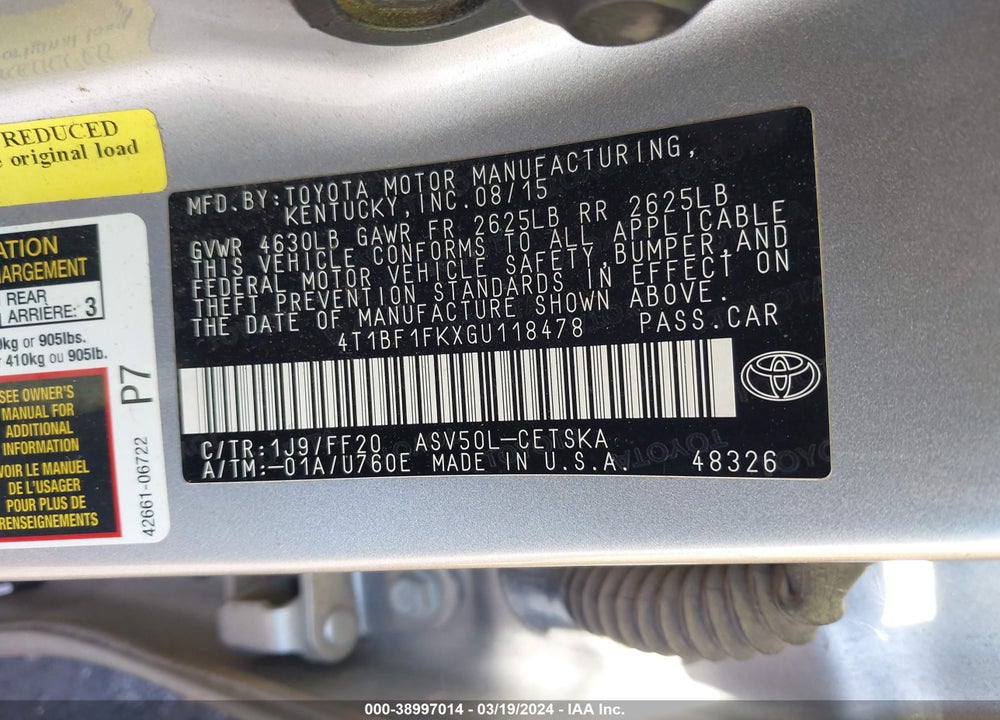 2016 TOYOTA CAMRY SE VIN: 4T1BF1FKXGU118478