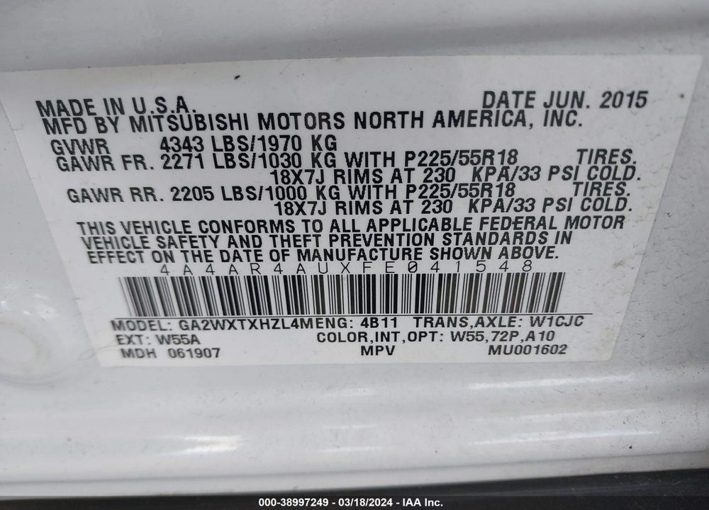 2015 MITSUBISHI OUTLANDER SPORT SE VIN: 4A4AR4AUXFE041548