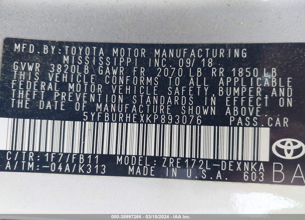 2019 TOYOTA COROLLA LE VIN: 5YFBURHEXKP893076