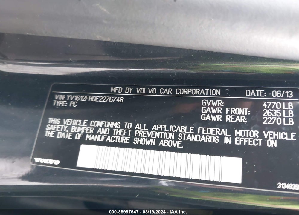 2014 VOLVO S60 VIN: YV1612FH0E2276748