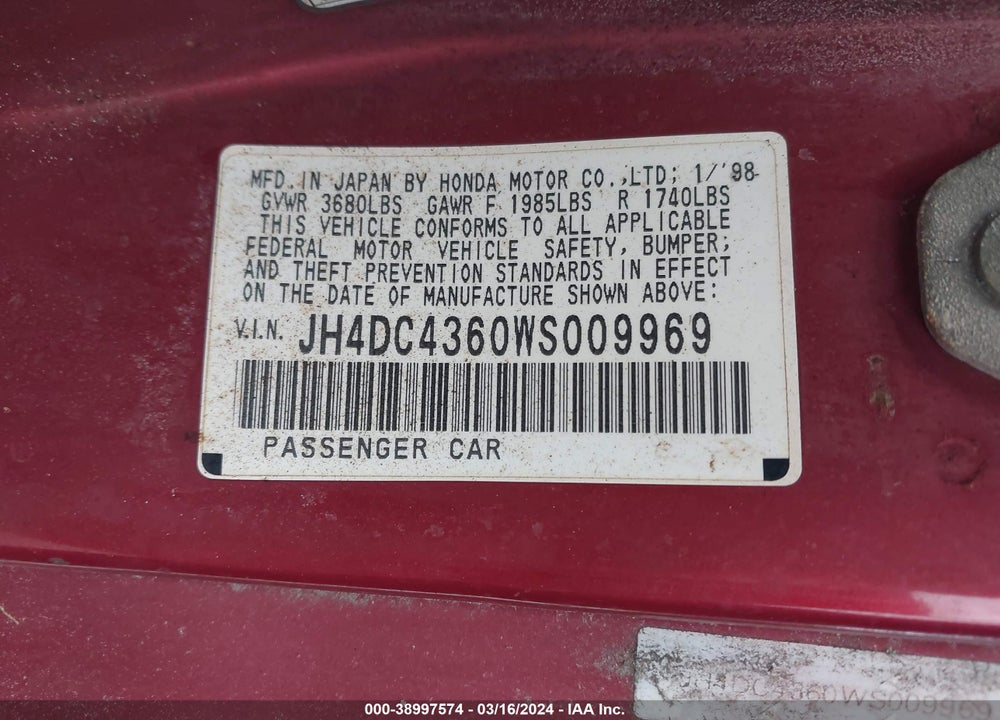1998 ACURA INTEGRA GS VIN: JH4DC4360WS009969