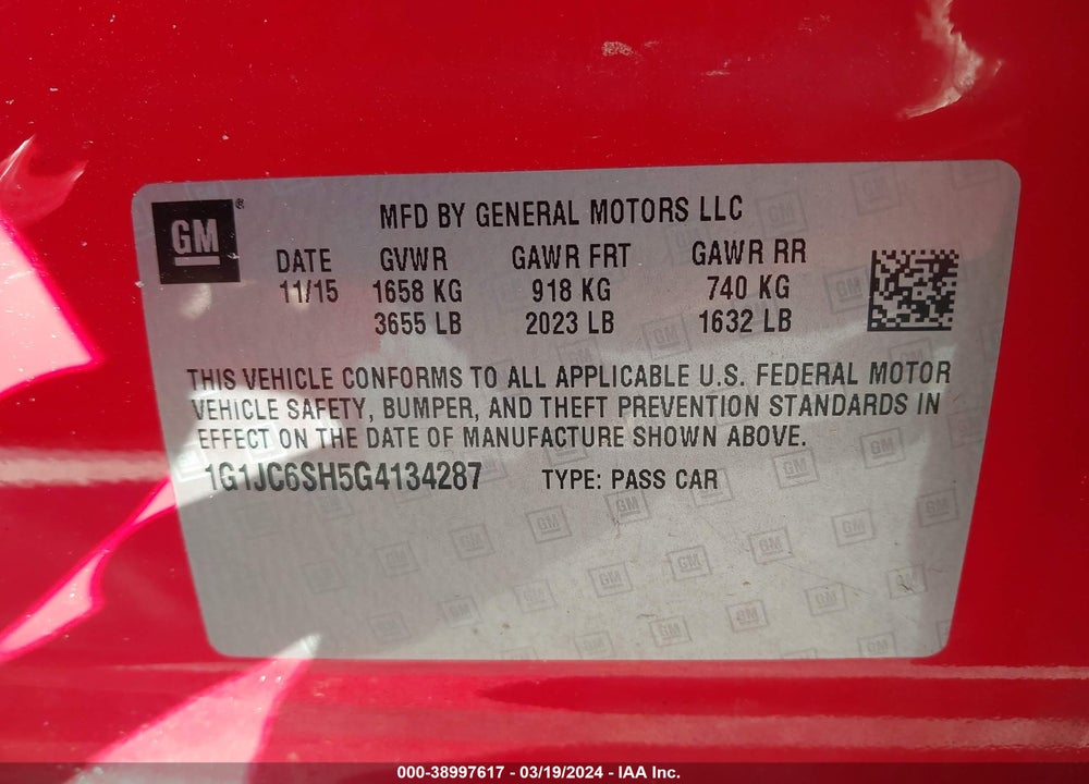 2016 CHEVROLET SONIC LT AUTO VIN: 1G1JC6SH5G4134287