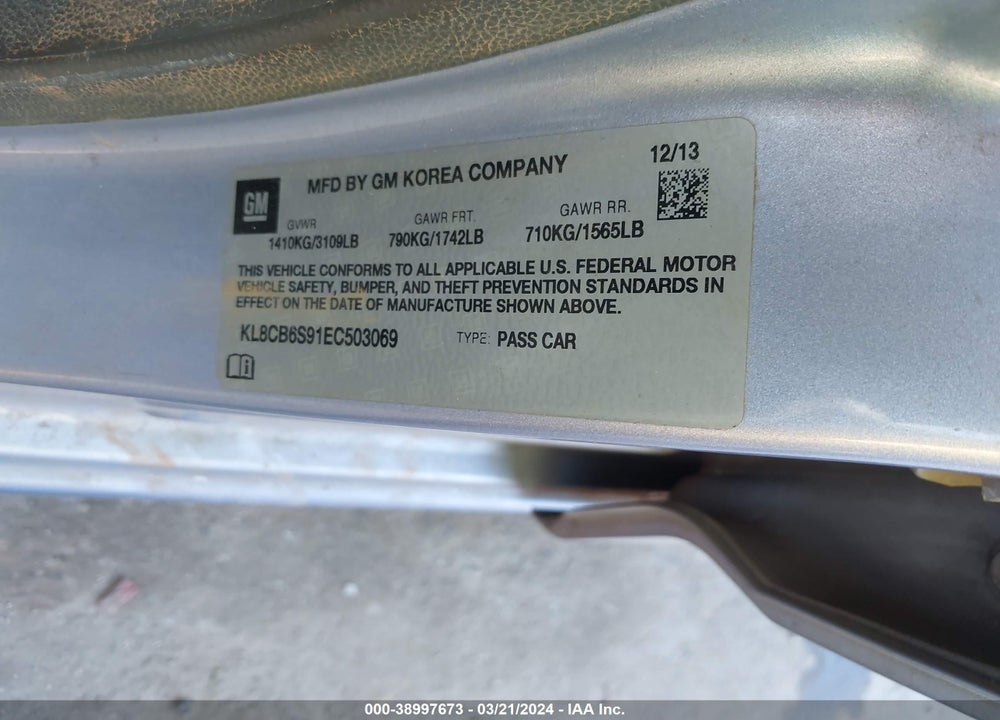 2014 CHEVROLET SPARK LS VIN: KL8CB6S91EC503069