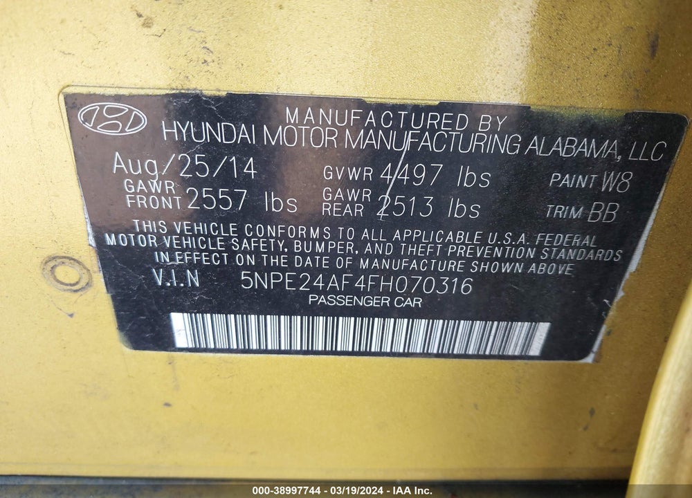 2015 HYUNDAI SONATA VIN: 5NPE24AF4FH070316