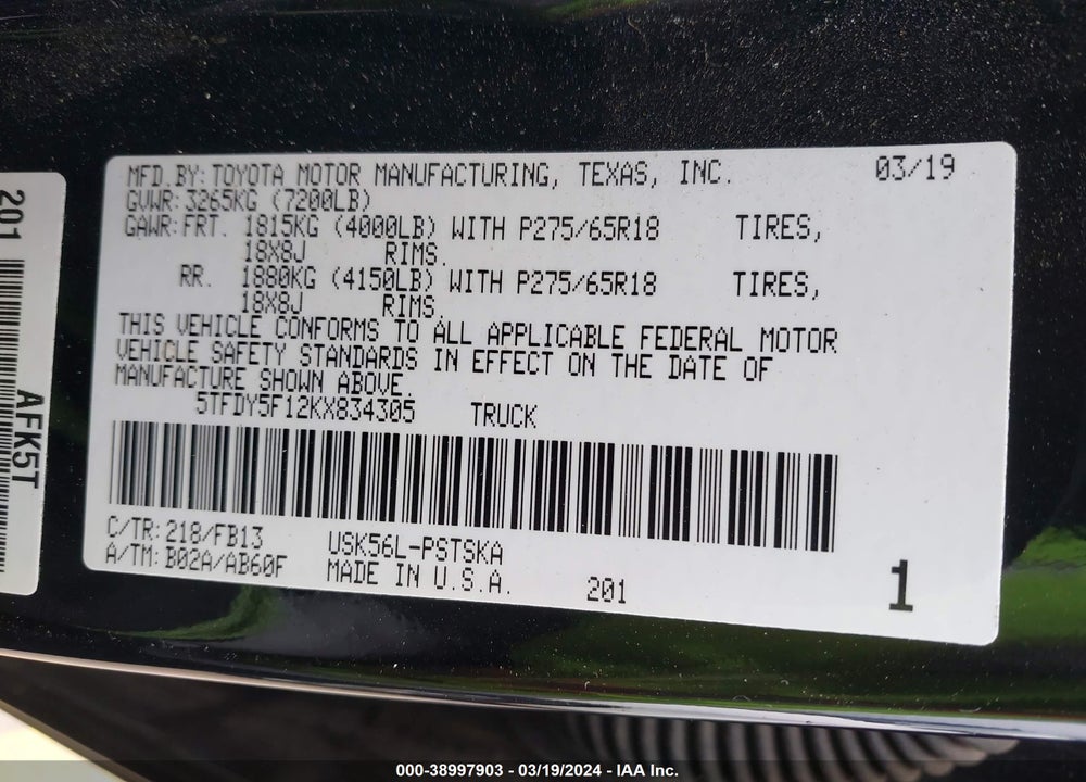 2019 TOYOTA TUNDRA SR5 5.7L V8 VIN: 5TFDY5F12KX834305