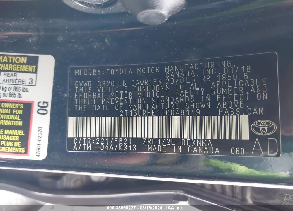 2018 TOYOTA COROLLA LE VIN: 2T1BURHE1JC049149