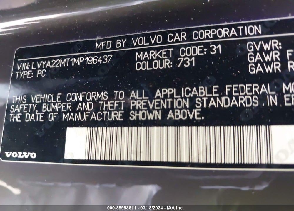 2021 VOLVO S90 T6 R-DESIGN VIN: LVYA22MT1MP196437