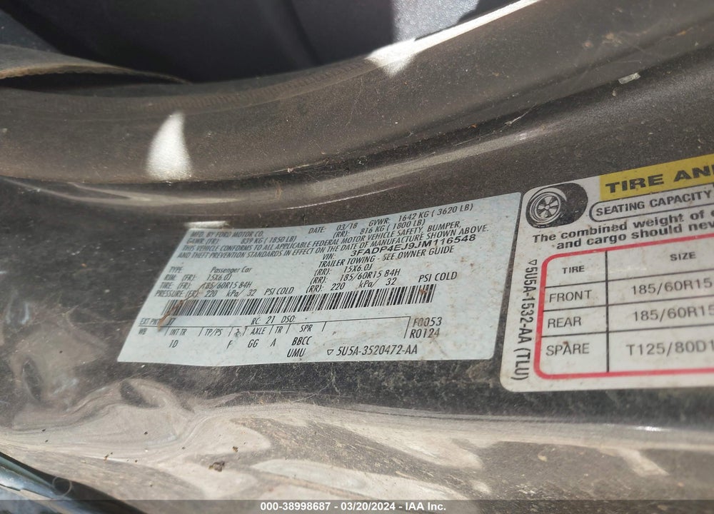 2018 FORD FIESTA SE VIN: 3FADP4EJ9JM116548