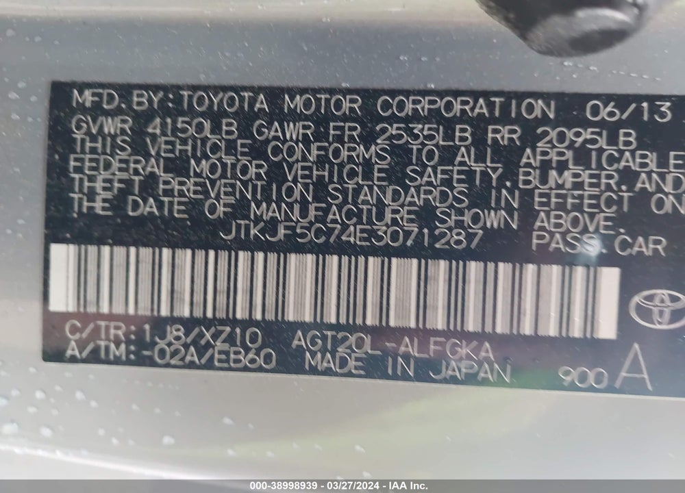 2014 SCION TC 10 SERIES VIN: JTKJF5C74E3071287