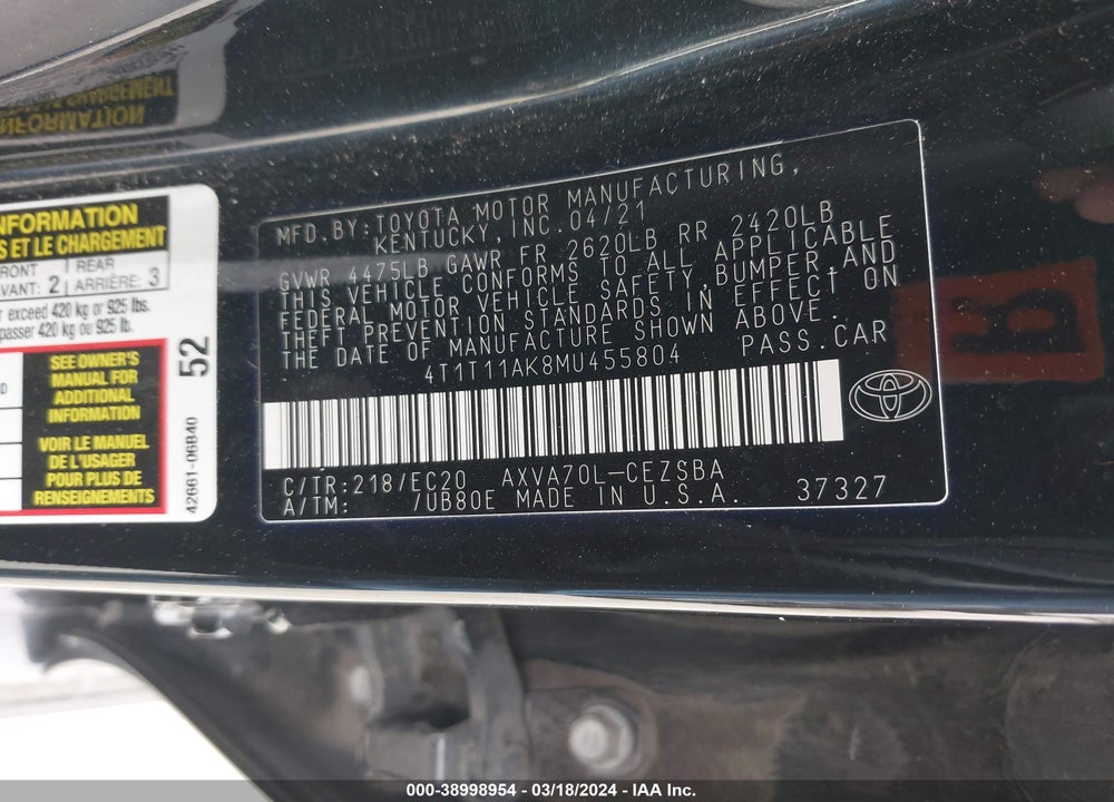 2021 TOYOTA CAMRY SE NIGHTSHADE EDITION VIN: 4T1T11AK8MU455804