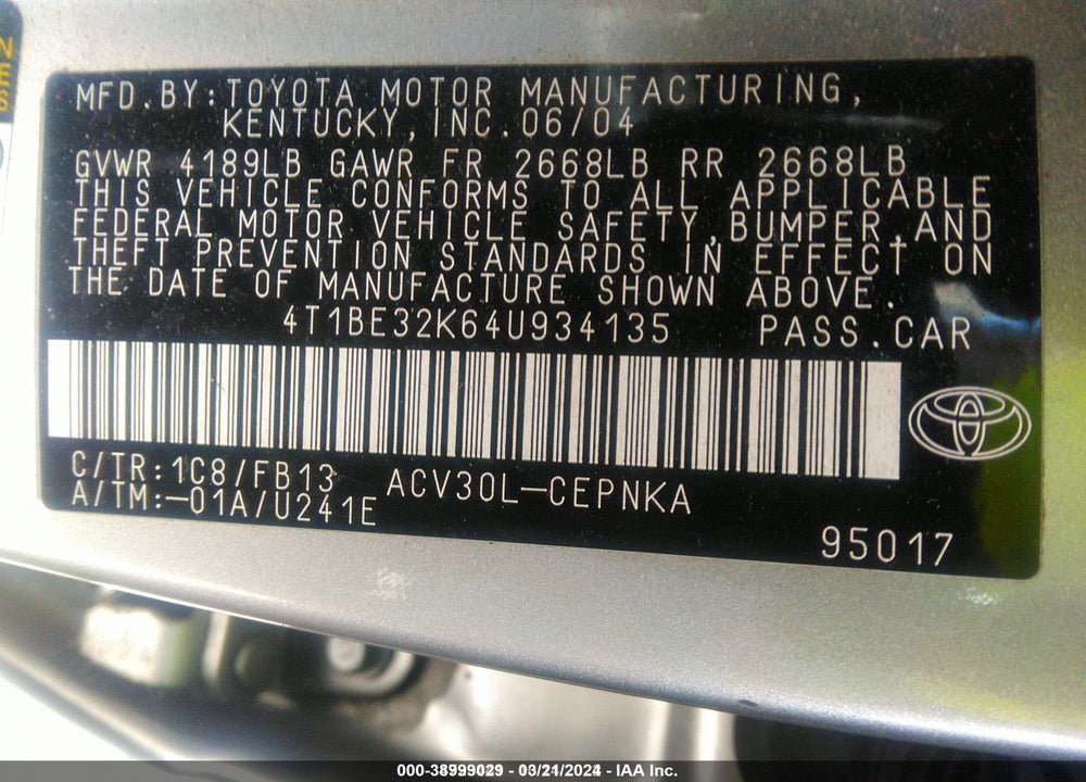 2004 TOYOTA CAMRY LE VIN: 4T1BE32K64U934135