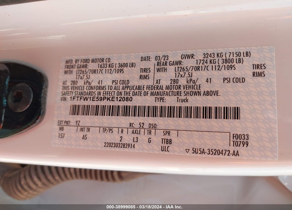 2023 FORD F-150 XL VIN: 1FTFW1E59PKE12080