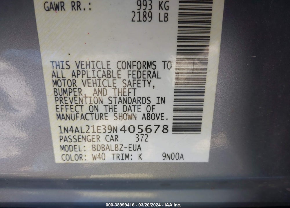 2009 NISSAN ALTIMA 2.5 S VIN: 1N4AL21E39N405678