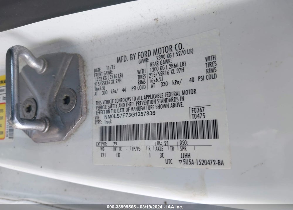 2016 FORD TRANSIT CONNECT XL VIN: NM0LS7E73G1257838