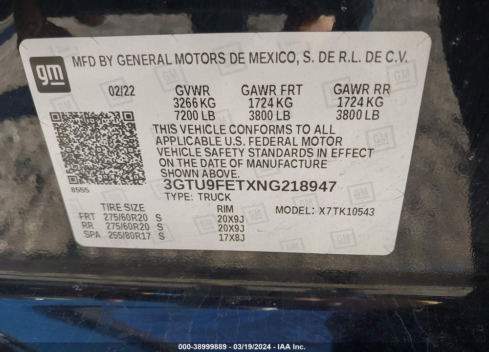 2022 GMC SIERRA 1500 LIMITED 4WD SHORT BOX DENALI VIN: 3GTU9FETXNG218947