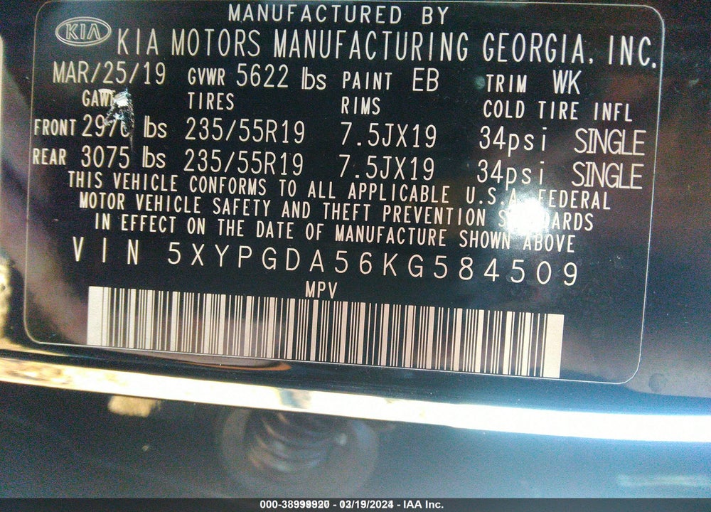 2019 KIA SORENTO 3.3L S VIN: 5XYPGDA56KG584509