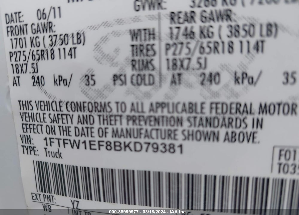 2011 FORD F-150 FX4 VIN: 1FTFW1EF8BKD79381