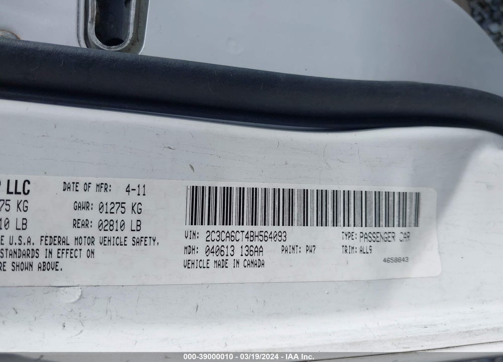 2011 CHRYSLER 300C VIN: 2C3CA6CT4BH564093