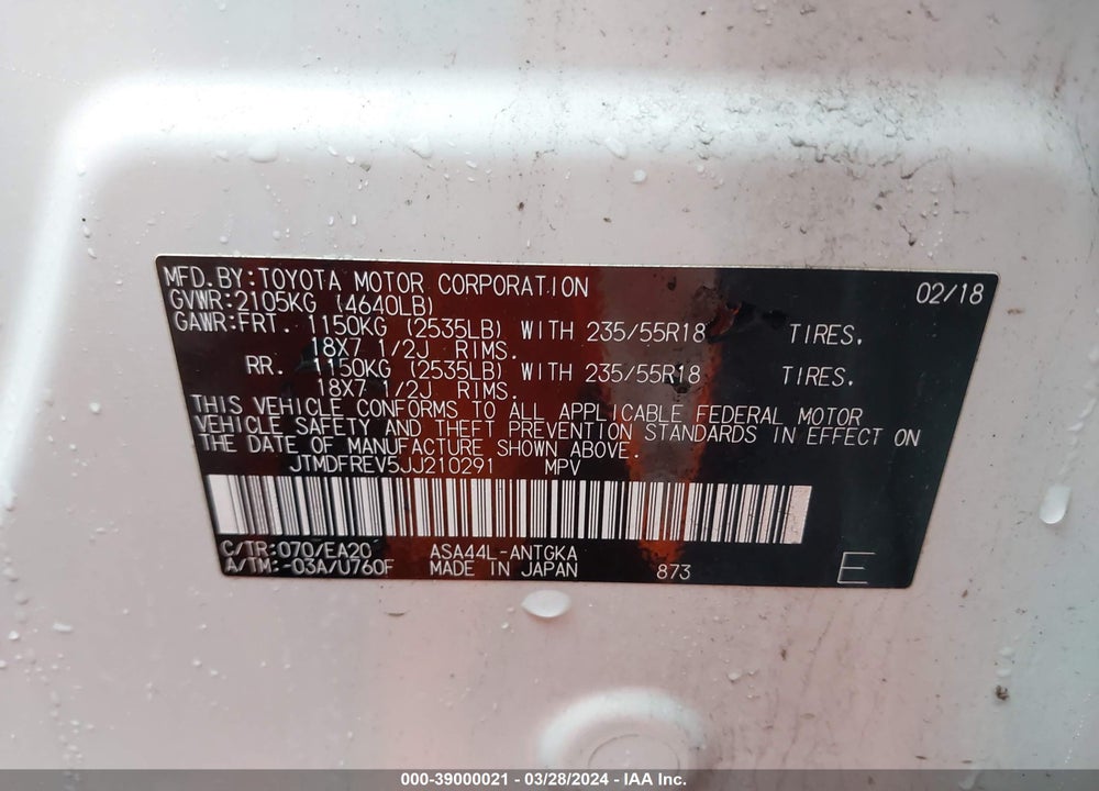 2018 TOYOTA RAV4 LIMITED VIN: JTMDFREV5JJ210291