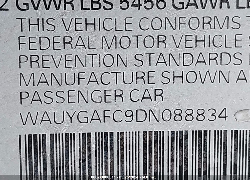 2013 AUDI A7 VIN: WAUYGAFC9DN088834