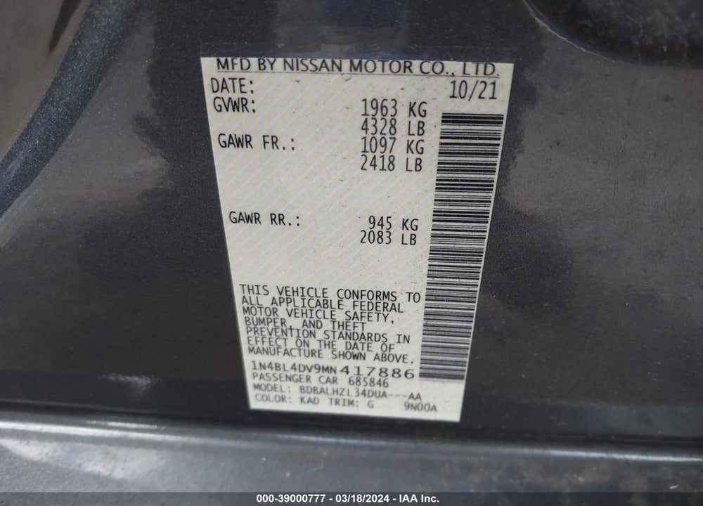 2021 NISSAN ALTIMA SV FWD VIN: 1N4BL4DV9MN417886