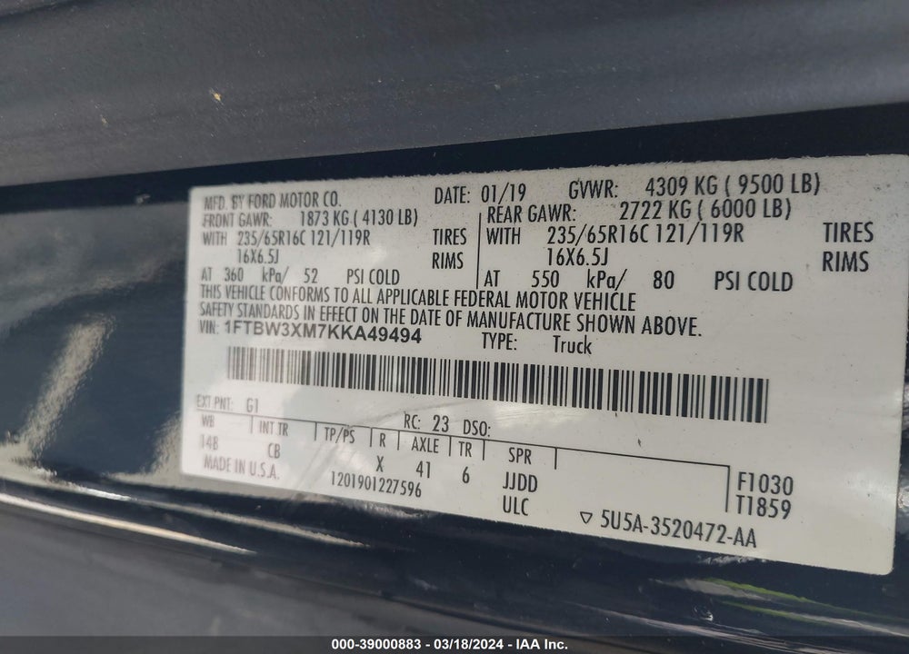 2019 FORD TRANSIT-350 VIN: 1FTBW3XM7KKA49494