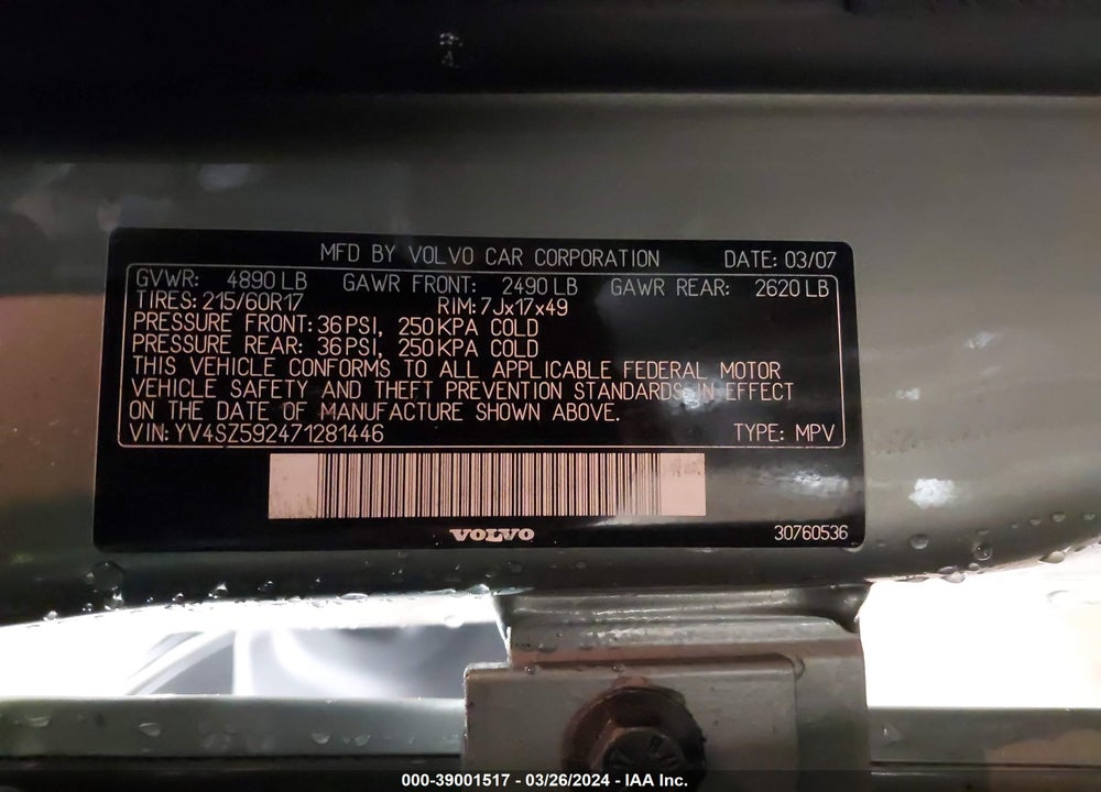 2007 VOLVO XC70 2.5T VIN: YV4SZ592471281446