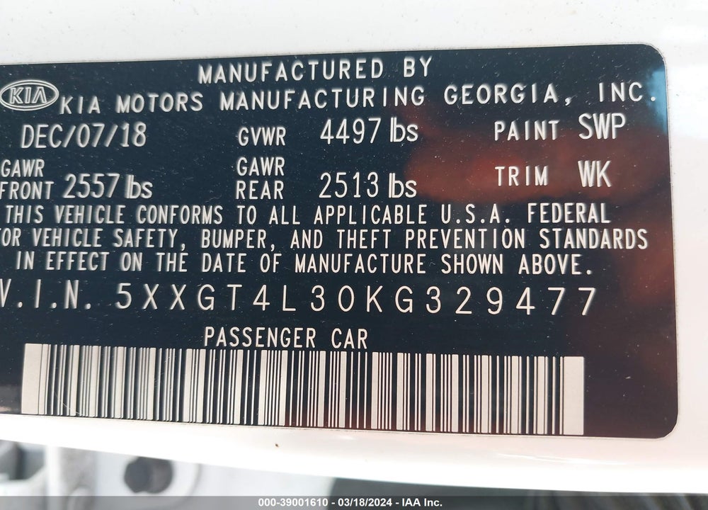 2019 KIA OPTIMA LX VIN: 5XXGT4L30KG329477