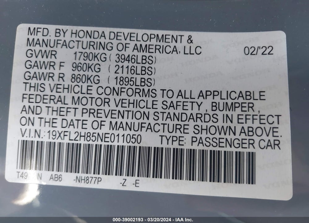 2022 HONDA CIVIC SPORT VIN: 19XFL2H85NE011050