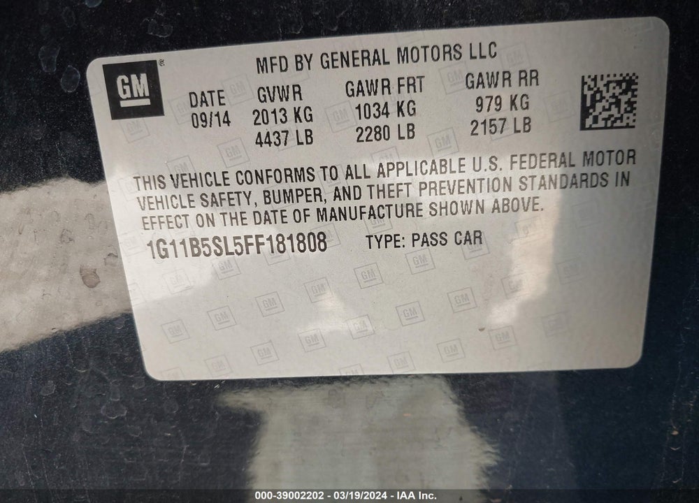 2015 CHEVROLET MALIBU LS VIN: 1G11B5SL5FF181808