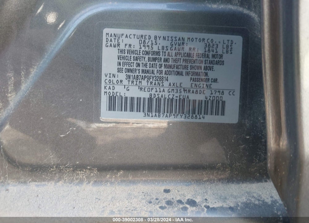 2015 NISSAN SENTRA S VIN: 3N1AB7AP9FY328814
