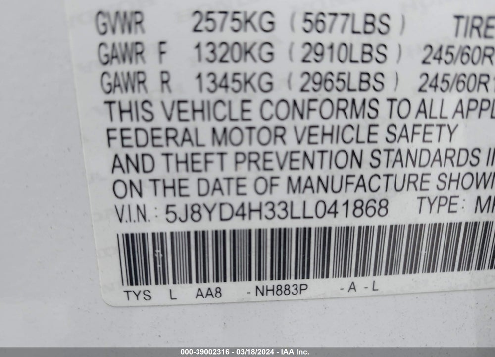 2020 ACURA MDX STANDARD VIN: 5J8YD4H33LL041868
