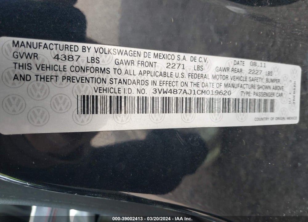 2012 VOLKSWAGEN JETTA GLI AUTOBAHN VIN: 3VW487AJ1CM019620