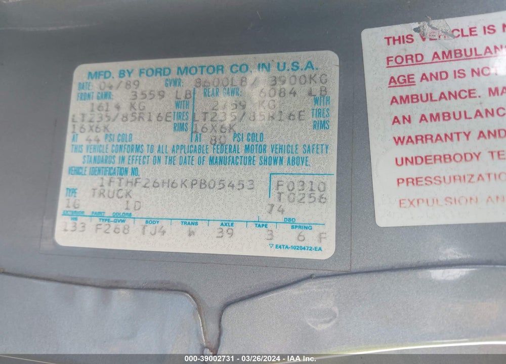 1989 FORD F250 VIN: 1FTHF26H6KPB05453