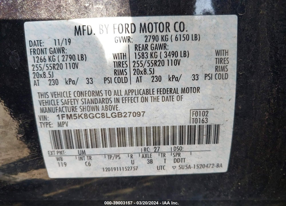 2020 FORD EXPLORER ST VIN: 1FM5K8GC8LGB27097