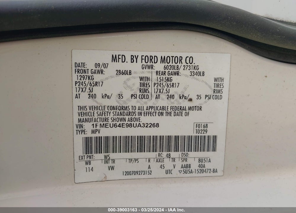 2008 FORD EXPLORER EDDIE BAUER VIN: 1FMEU64E98UA32268