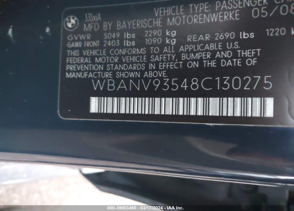2008 BMW 535XI VIN: WBANV93548C130275