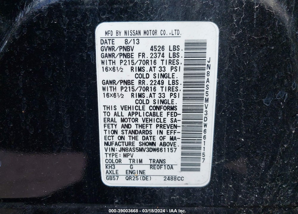 2013 NISSAN ROGUE S VIN: JN8AS5MV3DW661157