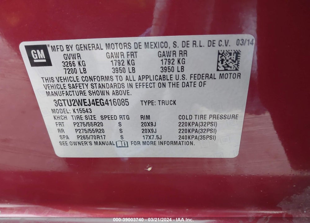 2014 GMC SIERRA 1500 DENALI VIN: 3GTU2WEJ4EG416085